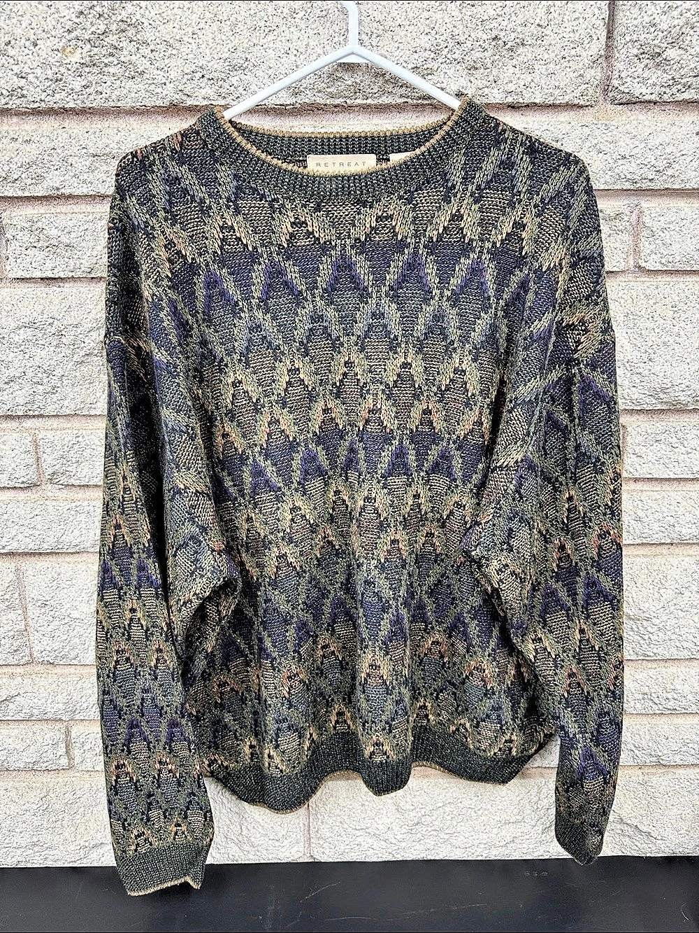 Vintage Retreat Men's XL Abstract Geometric Pattern Knit Sweater Made in Korea